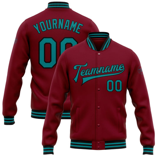 Custom Crimson Teal-Black Bomber Full-Snap Varsity Letterman Jacket - Main View
