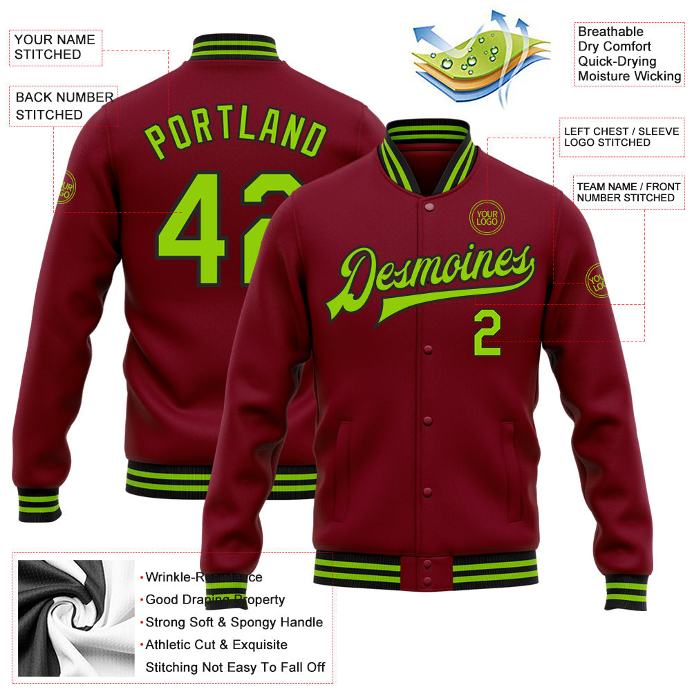 Custom Crimson Neon Green-Black Bomber Full-Snap Varsity Letterman Jacket view 5