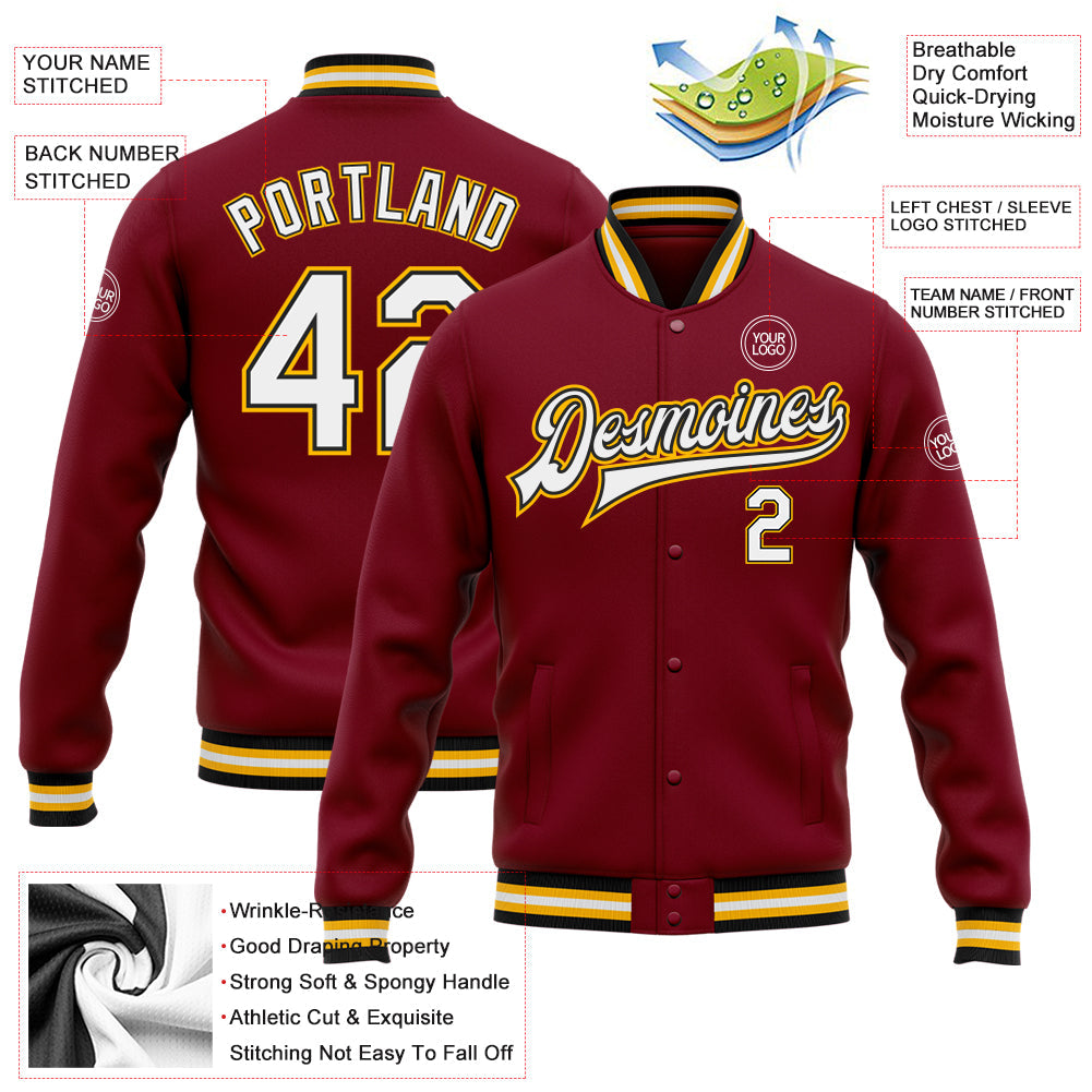 Custom Crimson White Black-Gold Bomber Full-Snap Varsity Letterman Jacket view 5