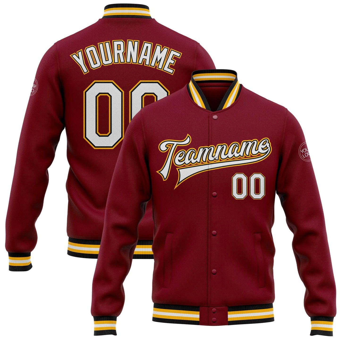 Custom Crimson White Black-Gold Bomber Full-Snap Varsity Letterman Jacket - Main View