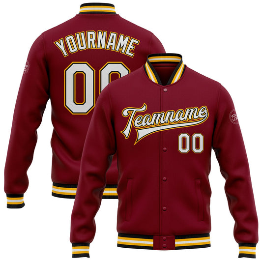 Custom Crimson White Black-Gold Bomber Full-Snap Varsity Letterman Jacket - Main View