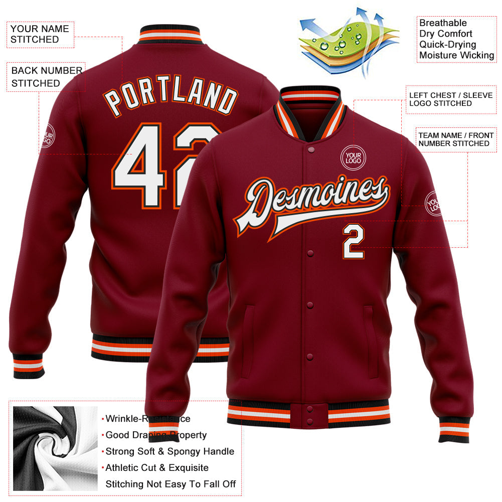 Custom Crimson White Black-Orange Bomber Full-Snap Varsity Letterman Jacket view 5