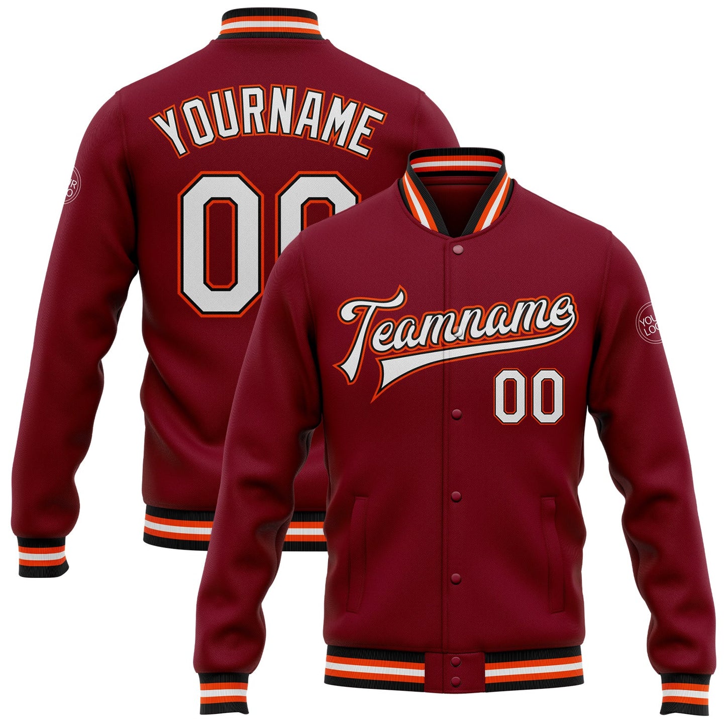 Custom Crimson White Black-Orange Bomber Full-Snap Varsity Letterman Jacket - Main View