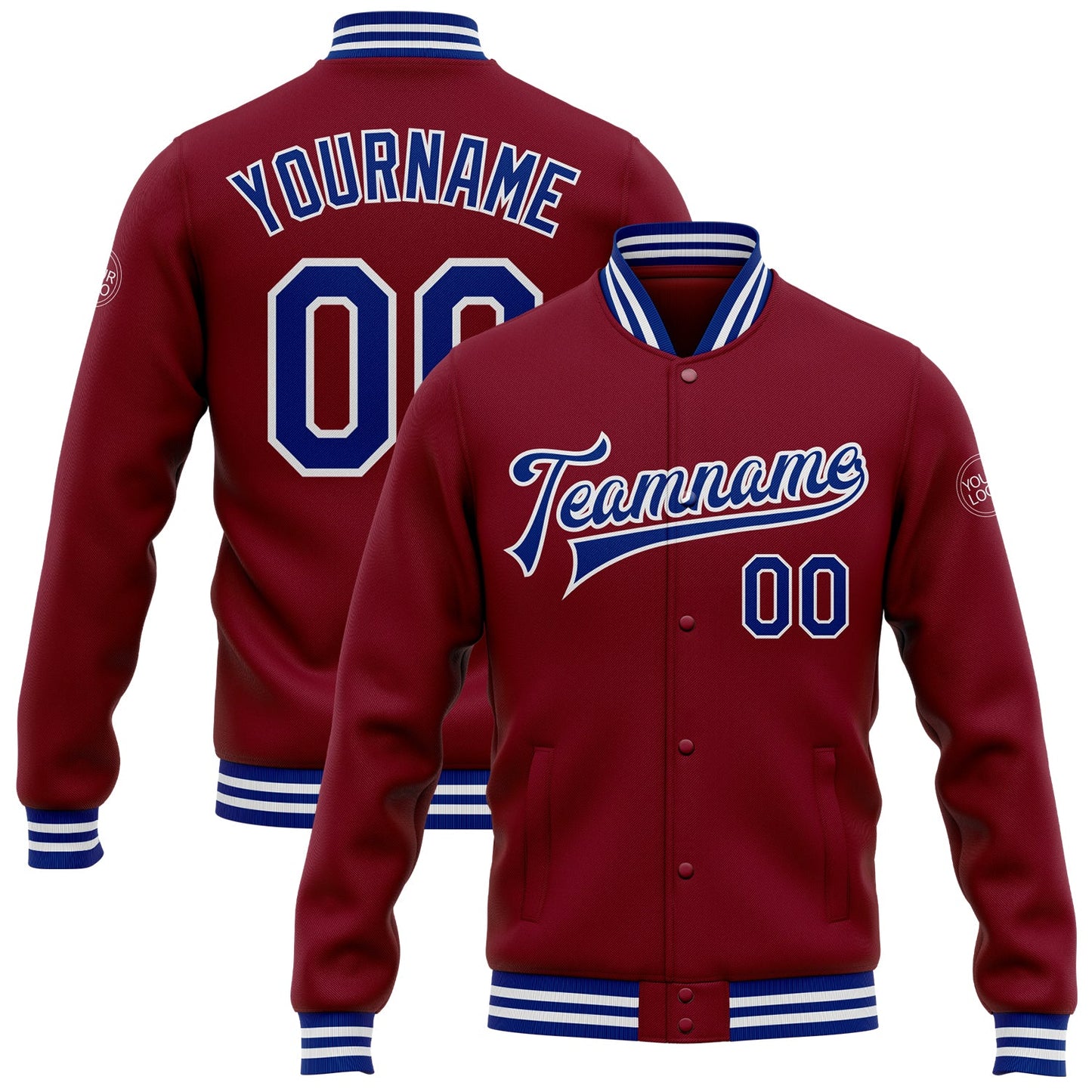 Custom Crimson Royal-White Bomber Full-Snap Varsity Letterman Jacket - Main View