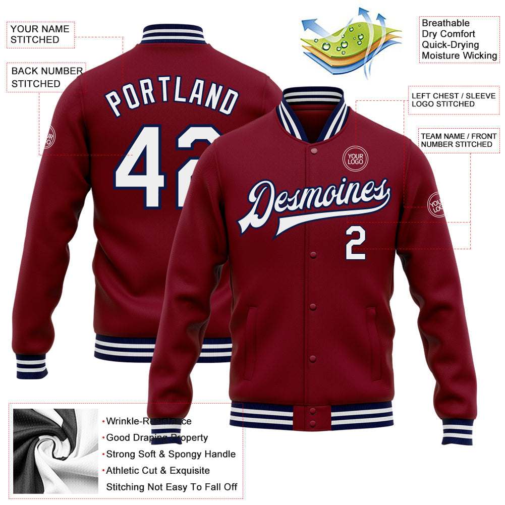 Custom Crimson White-Navy Bomber Full-Snap Varsity Letterman Jacket view 5
