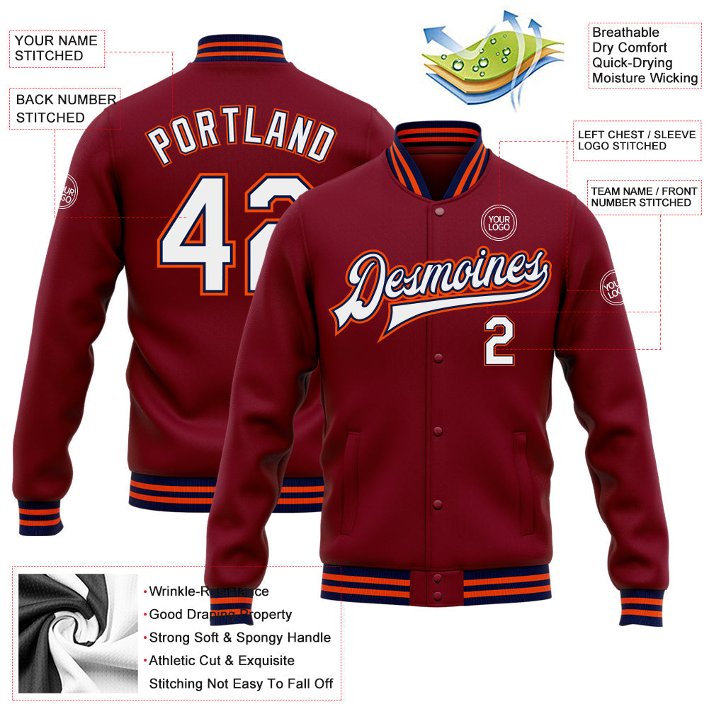 Custom Crimson White Navy-Orange Bomber Full-Snap Varsity Letterman Jacket view 5