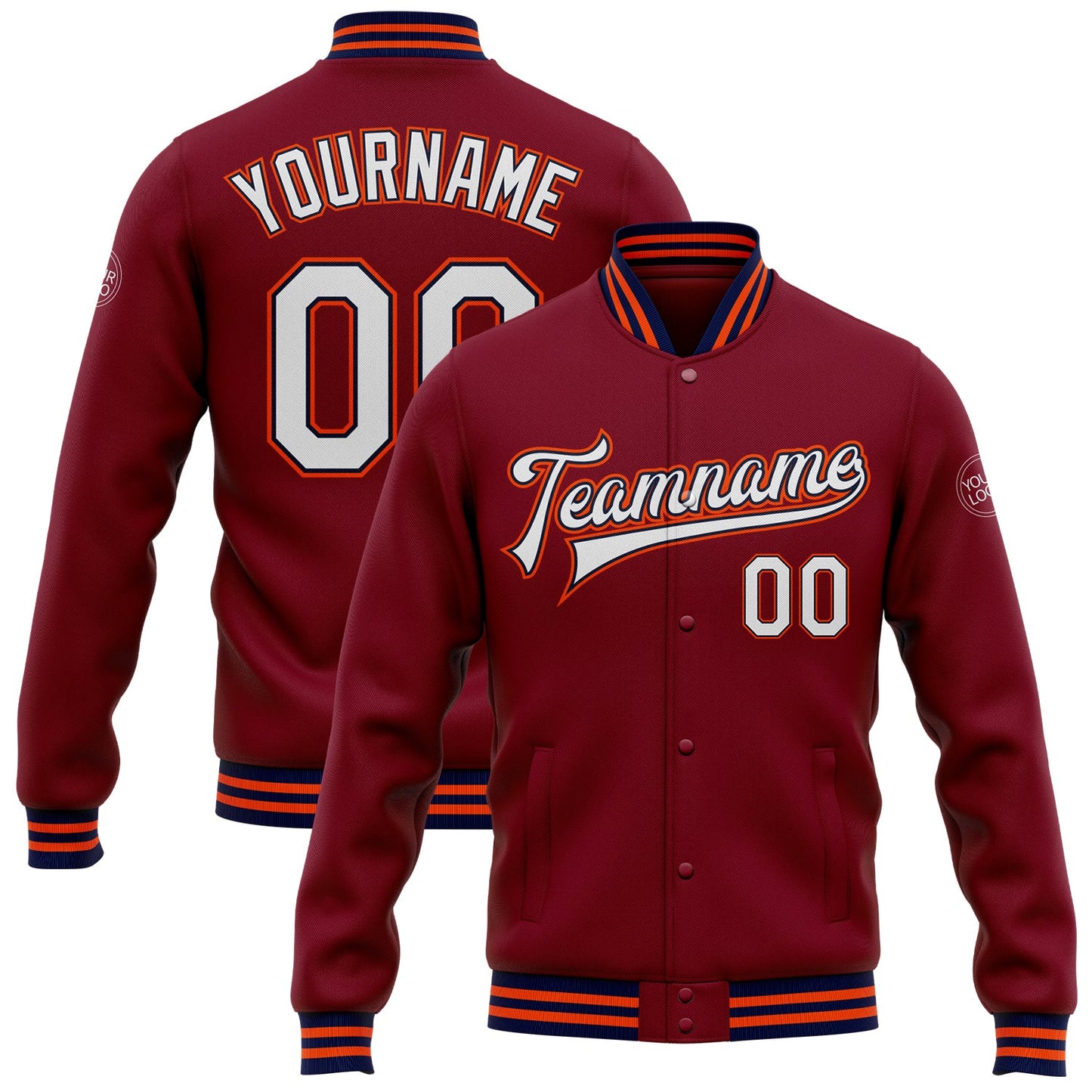 Custom Crimson White Navy-Orange Bomber Full-Snap Varsity Letterman Jacket - Main View