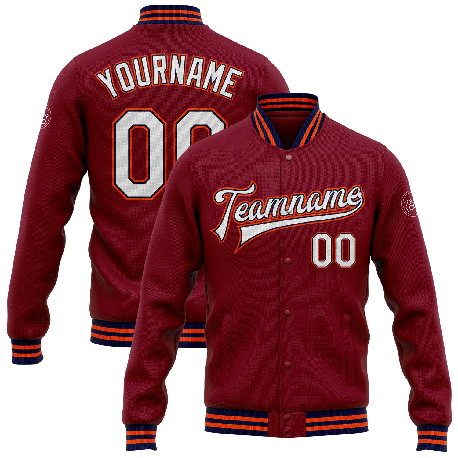 Custom Crimson White Navy-Orange Bomber Full-Snap Varsity Letterman Jacket - Main View