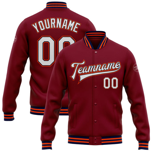 Custom Crimson White Navy-Orange Bomber Full-Snap Varsity Letterman Jacket - Main View