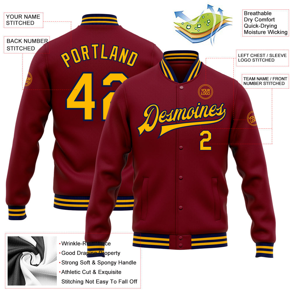 Custom Crimson Gold-Navy Bomber Full-Snap Varsity Letterman Jacket view 5