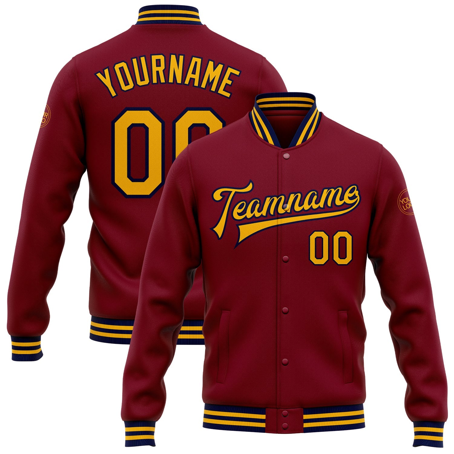 Custom Crimson Gold-Navy Bomber Full-Snap Varsity Letterman Jacket - Main View