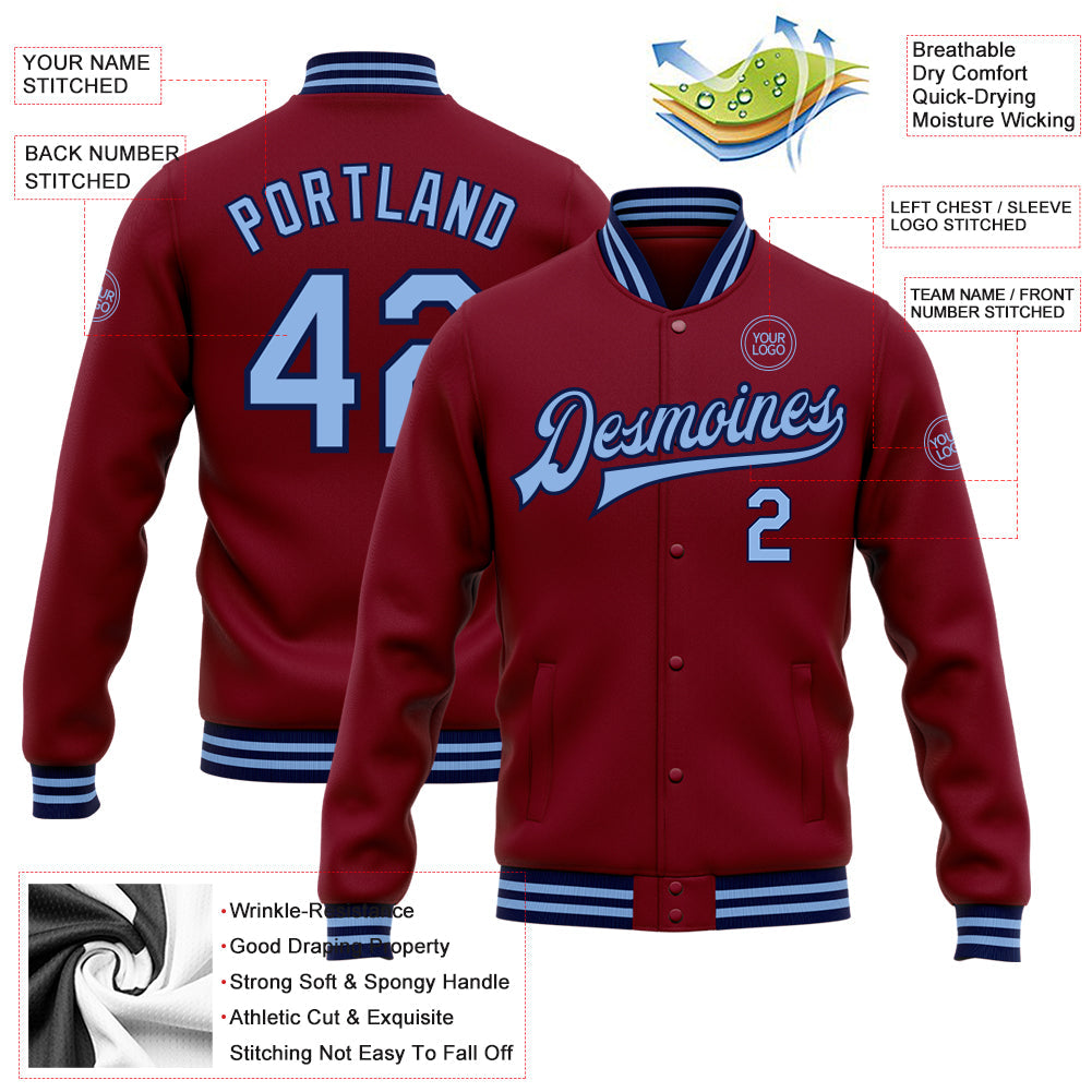 Custom Crimson Light Blue-Navy Bomber Full-Snap Varsity Letterman Jacket view 5