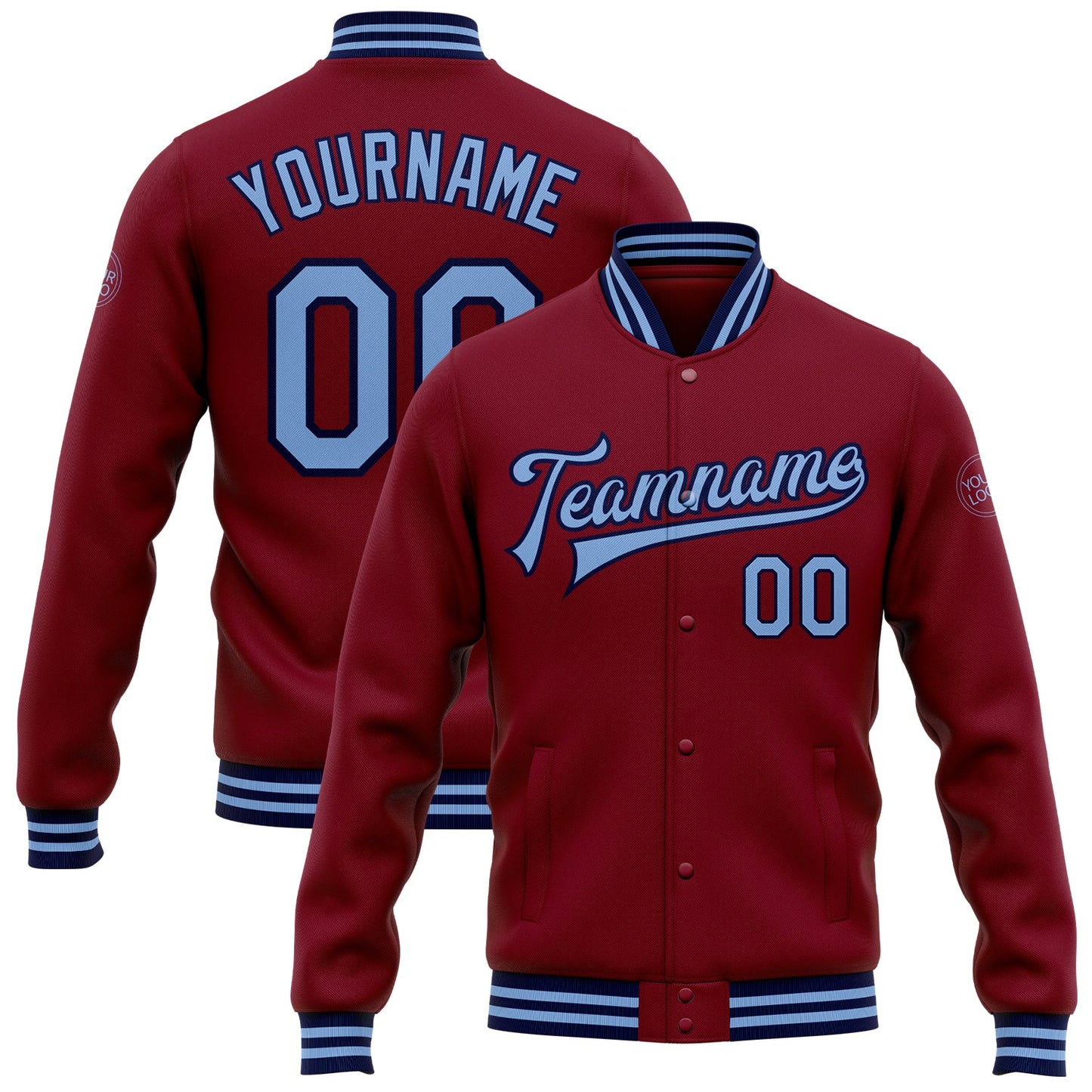 Custom Crimson Light Blue-Navy Bomber Full-Snap Varsity Letterman Jacket - Main View