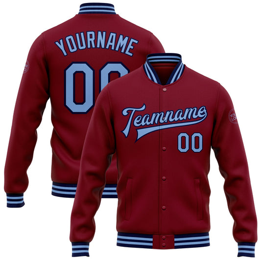 Custom Crimson Light Blue-Navy Bomber Full-Snap Varsity Letterman Jacket - Main View