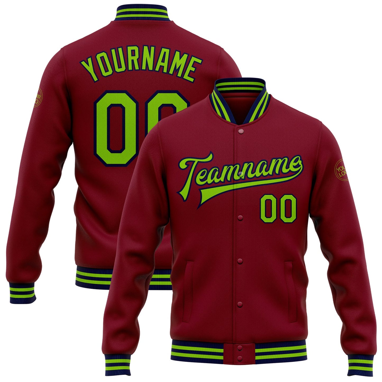 Custom Crimson Neon Green-Navy Bomber Full-Snap Varsity Letterman Jacket - Main View