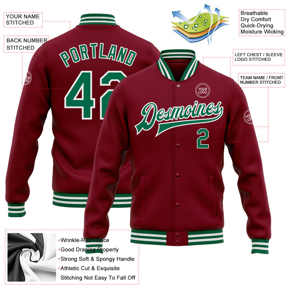 Custom Crimson Kelly Green-White Bomber Full-Snap Varsity Letterman Jacket view 5