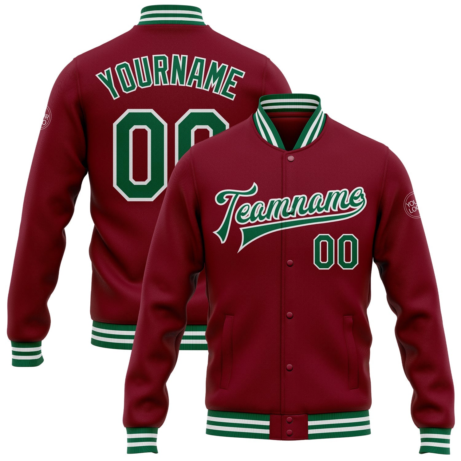 Custom Crimson Kelly Green-White Bomber Full-Snap Varsity Letterman Jacket - Main View