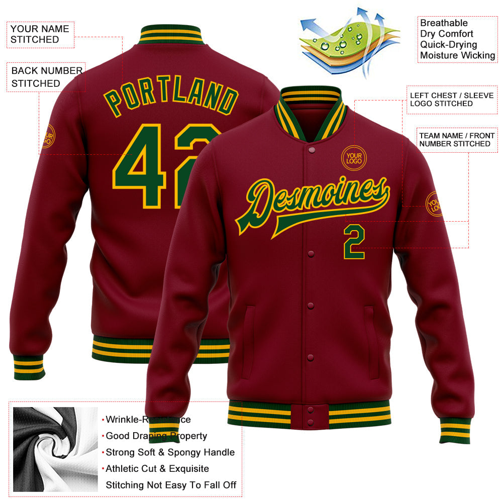 Custom Crimson Green-Gold Bomber Full-Snap Varsity Letterman Jacket view 5