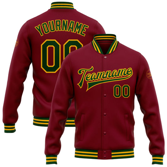 Custom Crimson Green-Gold Bomber Full-Snap Varsity Letterman Jacket - Main View