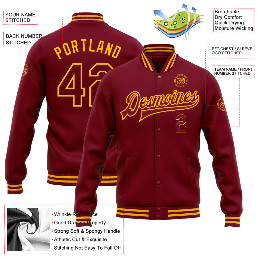 Custom Crimson Gold Bomber Full-Snap Varsity Letterman Jacket view 5