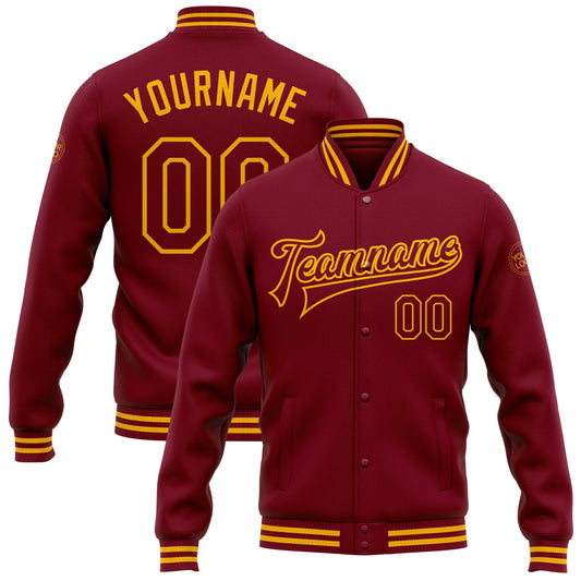 Custom Crimson Gold Bomber Full-Snap Varsity Letterman Jacket - Main View