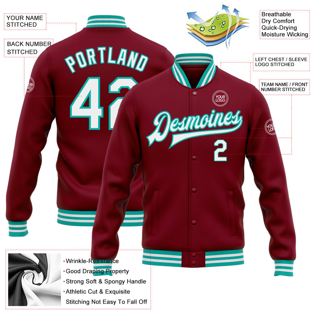 Custom Crimson White-Aqua Bomber Full-Snap Varsity Letterman Jacket view 5