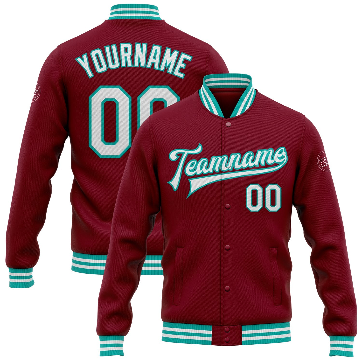 Custom Crimson White-Aqua Bomber Full-Snap Varsity Letterman Jacket - Main View