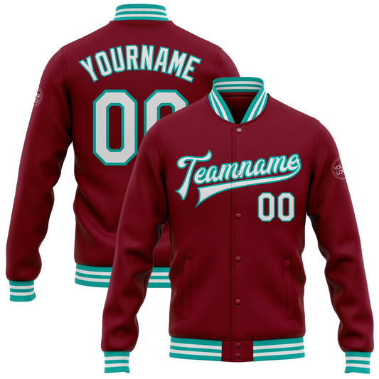 Custom Crimson White-Aqua Bomber Full-Snap Varsity Letterman Jacket - Main View