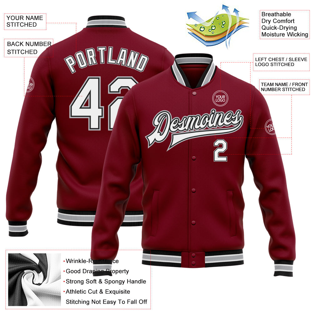 Custom Crimson White Black-Gray Bomber Full-Snap Varsity Letterman Jacket view 5