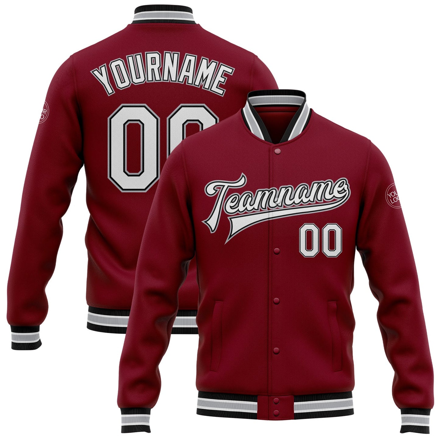 Custom Crimson White Black-Gray Bomber Full-Snap Varsity Letterman Jacket - Main View