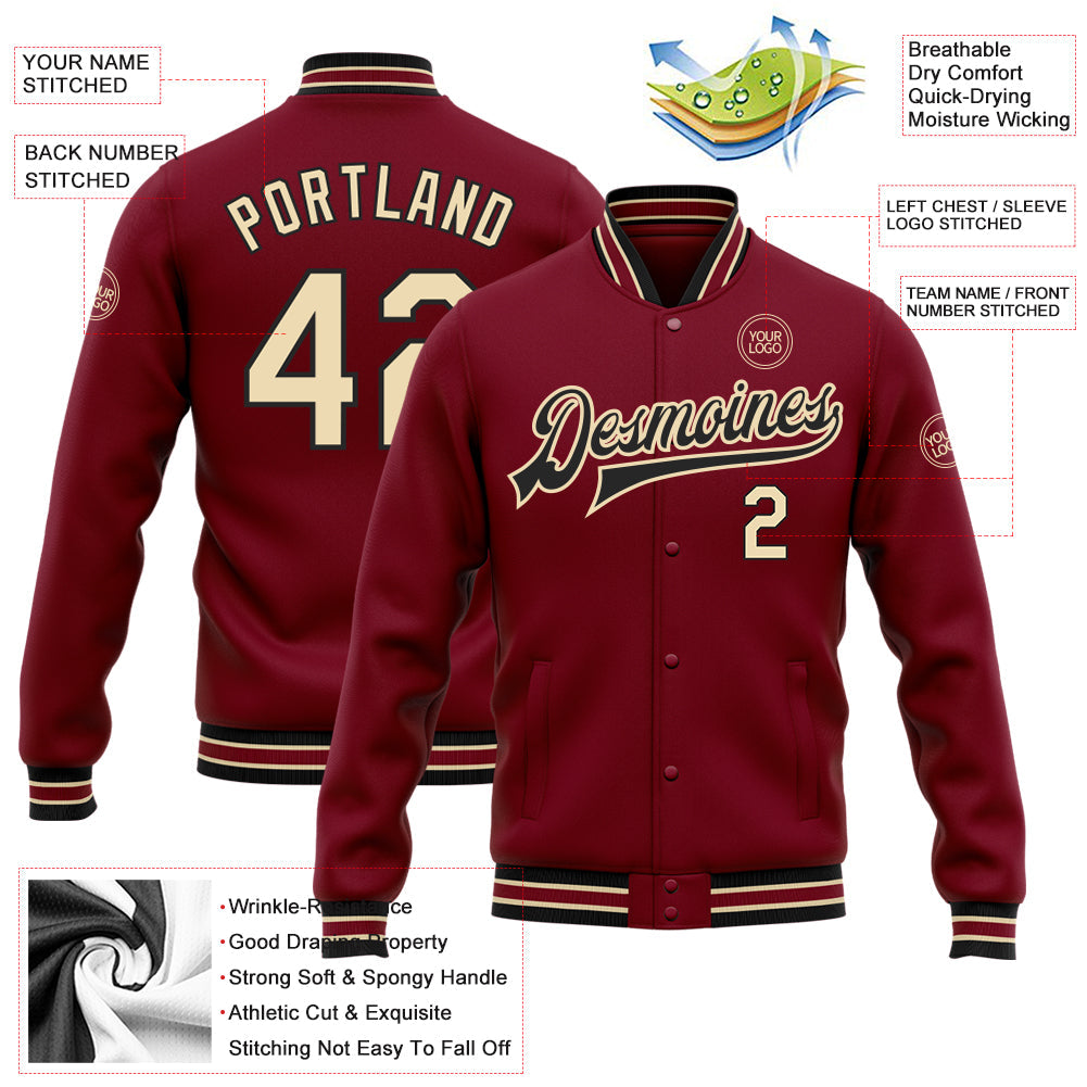 Custom Crimson City Cream-Black Bomber Full-Snap Varsity Letterman Jacket view 5