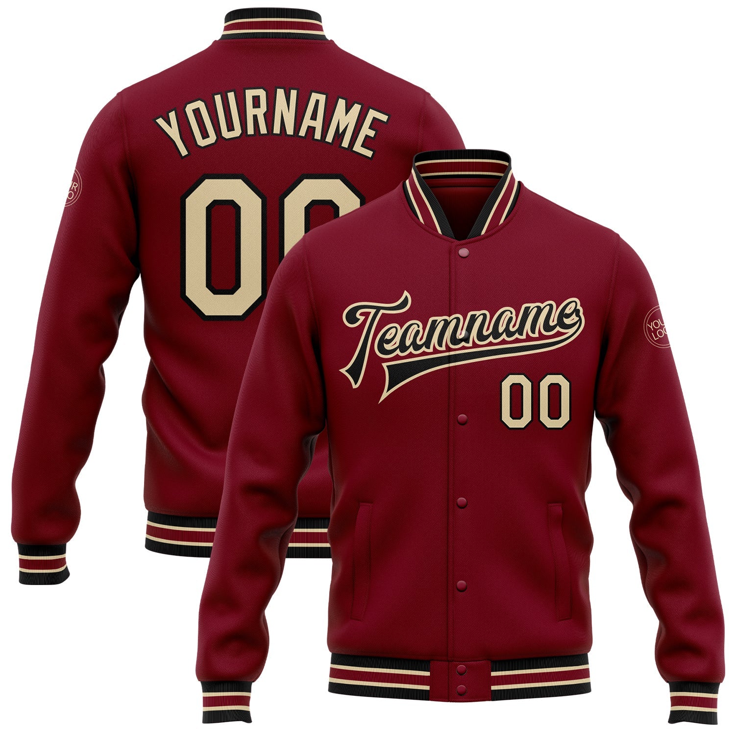 Custom Crimson City Cream-Black Bomber Full-Snap Varsity Letterman Jacket - Main View