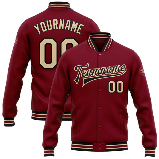 Custom Crimson City Cream-Black Bomber Full-Snap Varsity Letterman Jacket - Main View