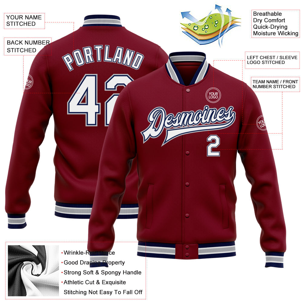 Custom Crimson White Navy-Gray Bomber Full-Snap Varsity Letterman Jacket view 5