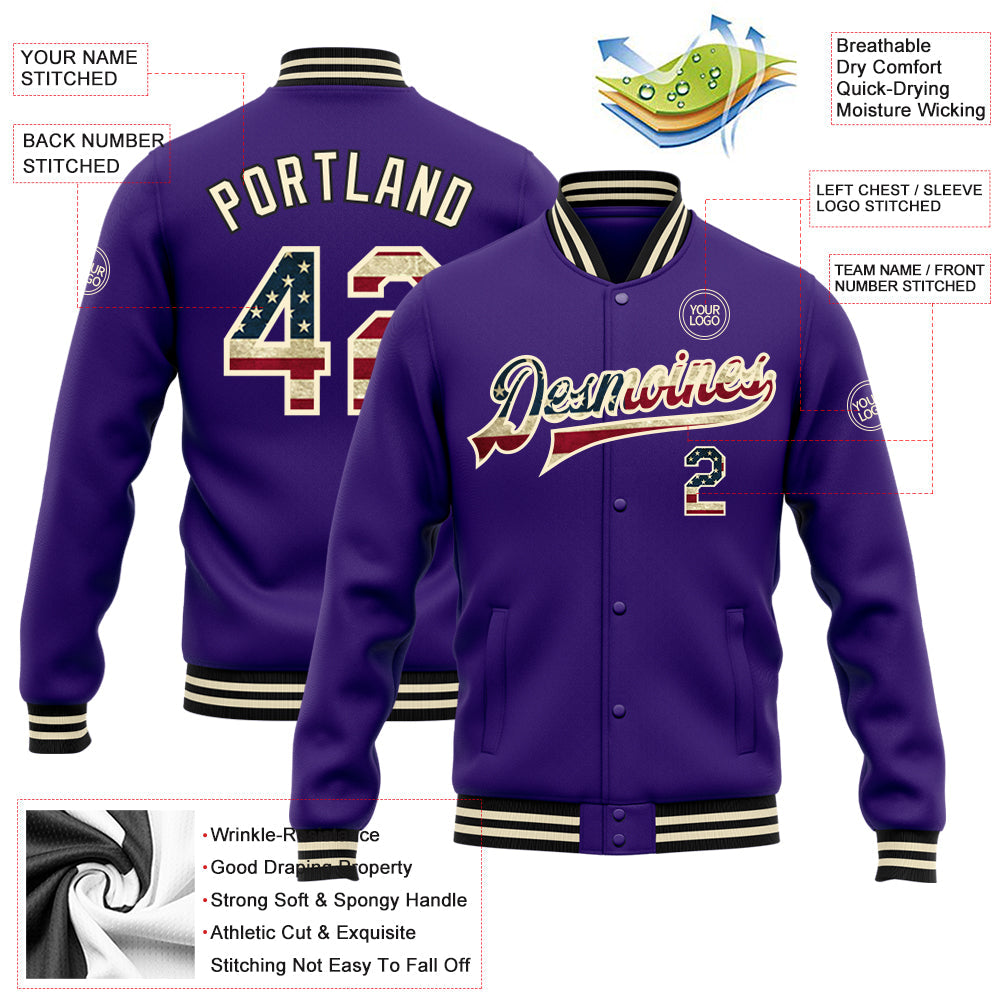Custom Purple Vintage USA Flag Cream-Black Bomber Full-Snap Varsity Letterman Jacket view 5