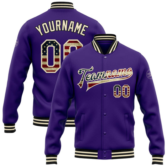 Custom Purple Vintage USA Flag Cream-Black Bomber Full-Snap Varsity Letterman Jacket - Main View