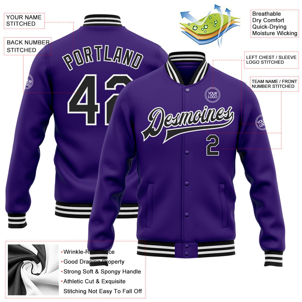 Custom Purple Black-White Bomber Full-Snap Varsity Letterman Jacket view 5