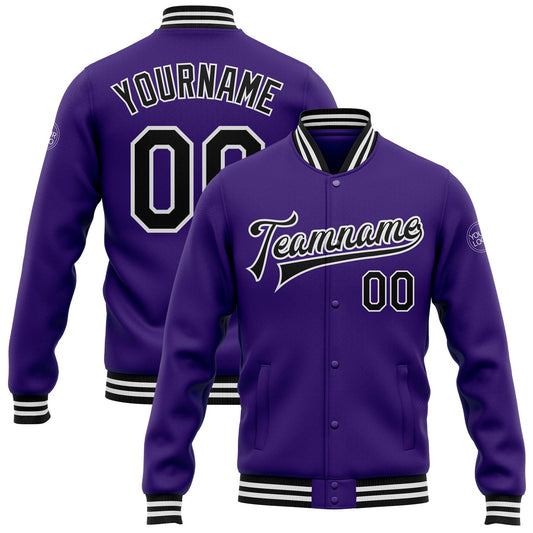 Custom Purple Black-White Bomber Full-Snap Varsity Letterman Jacket - Main View