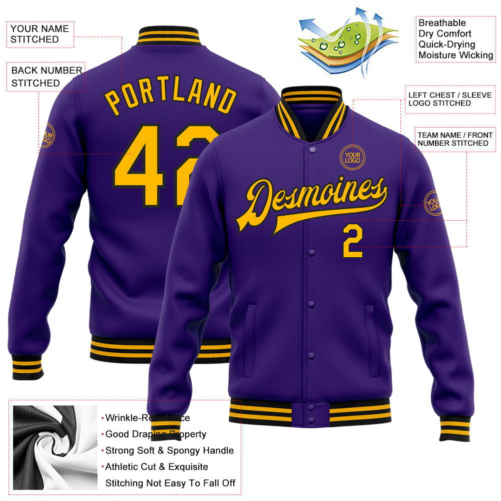 Custom Purple Gold-Black Bomber Full-Snap Varsity Letterman Jacket view 5
