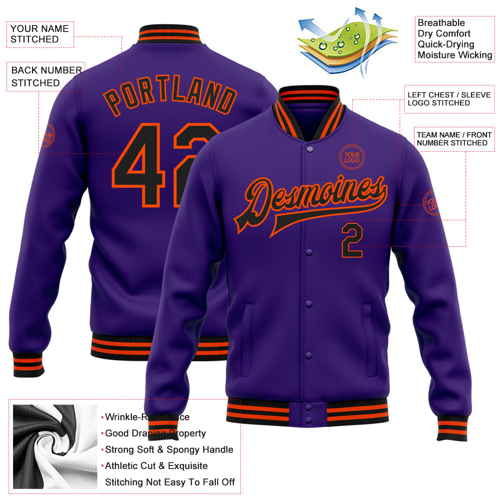 Custom Purple Black-Orange Bomber Full-Snap Varsity Letterman Jacket view 5