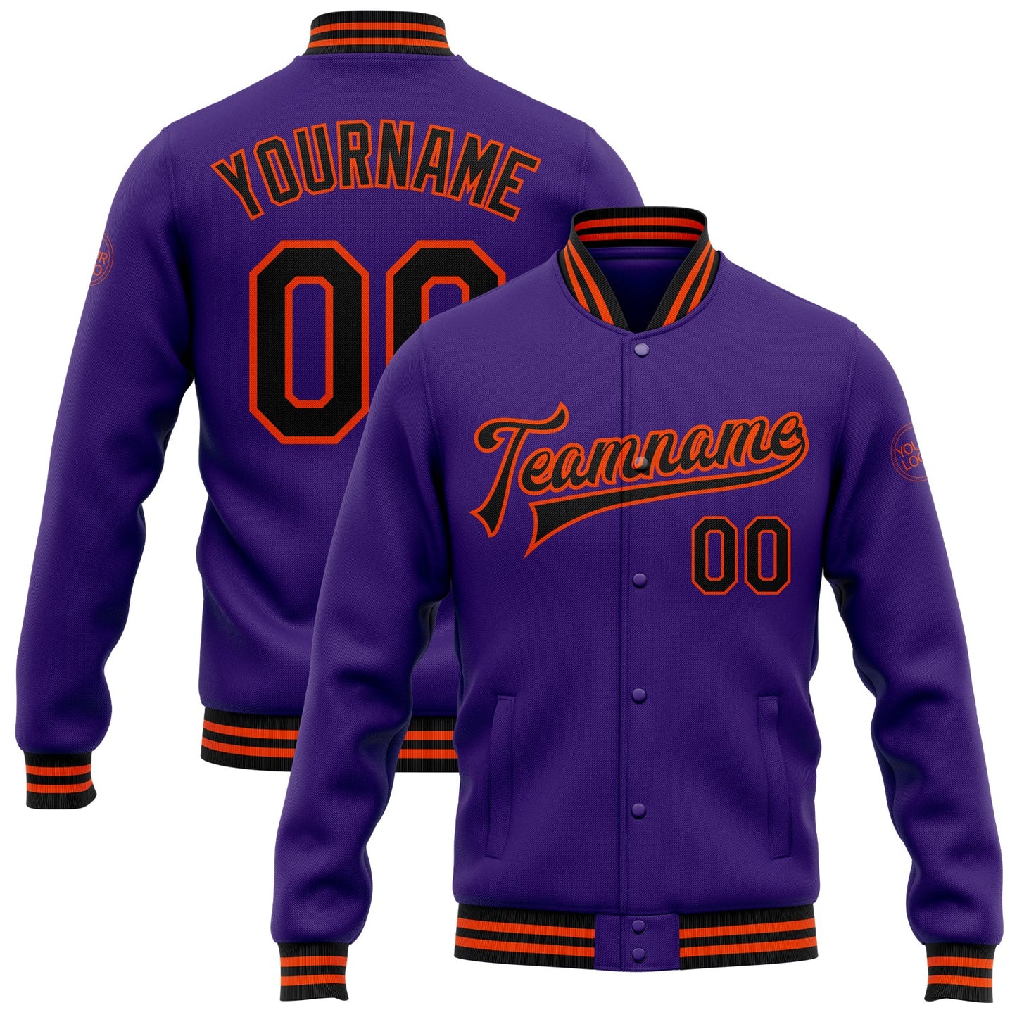 Custom Purple Black-Orange Bomber Full-Snap Varsity Letterman Jacket - Main View