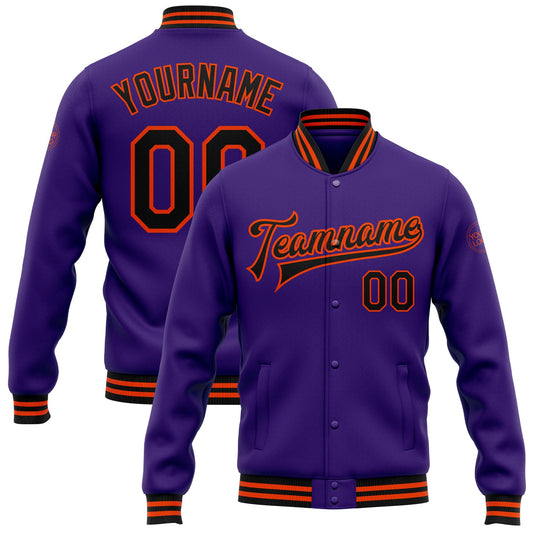 Custom Purple Black-Orange Bomber Full-Snap Varsity Letterman Jacket - Main View