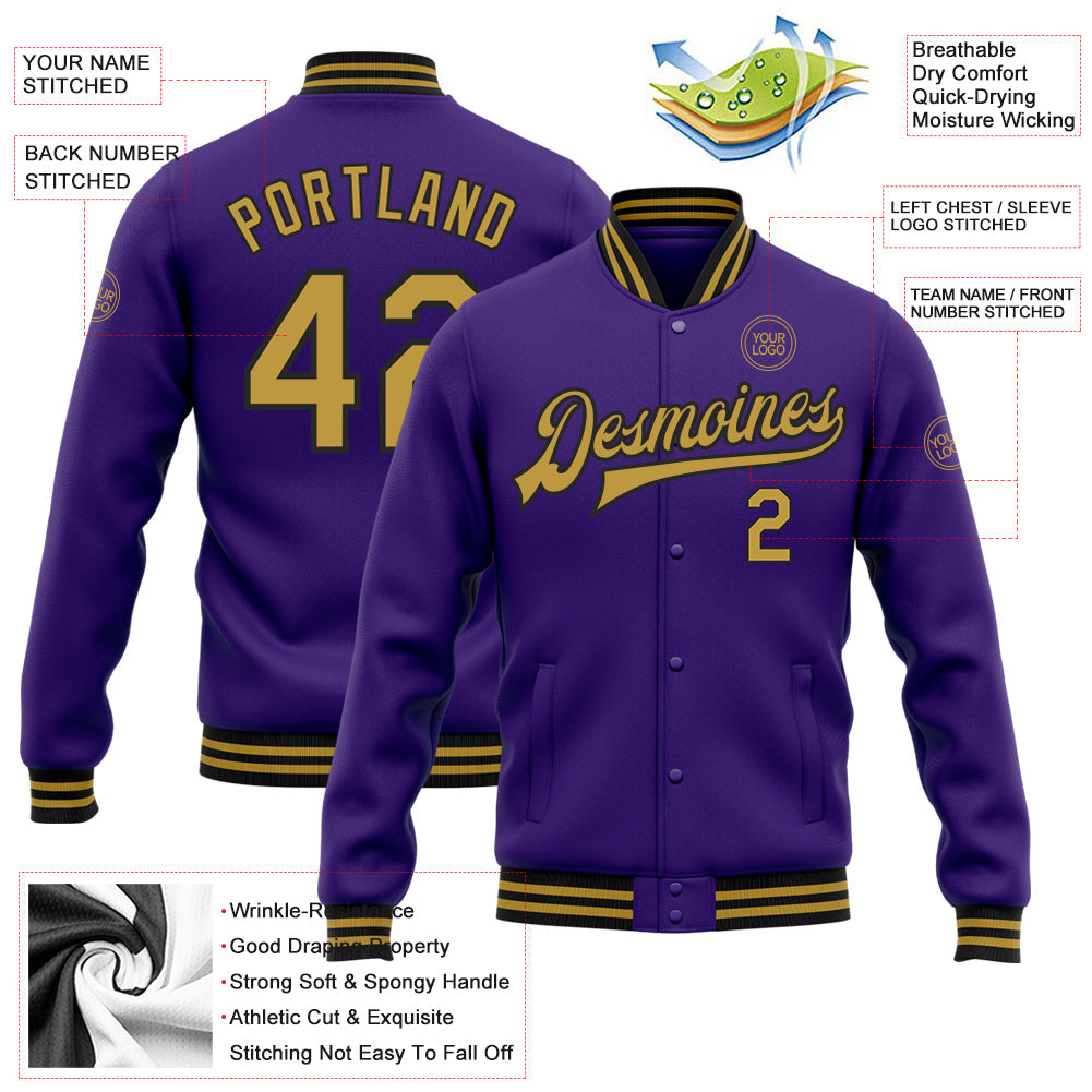 Custom Purple Old Gold-Black Bomber Full-Snap Varsity Letterman Jacket view 5