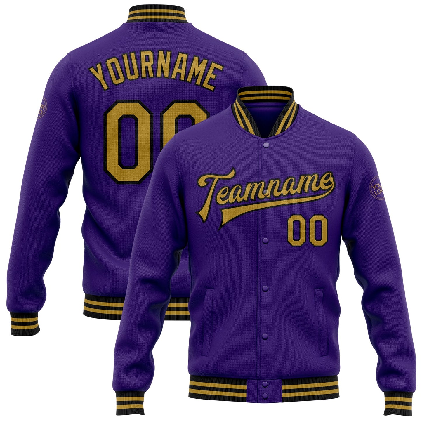 Custom Purple Old Gold-Black Bomber Full-Snap Varsity Letterman Jacket - Main View