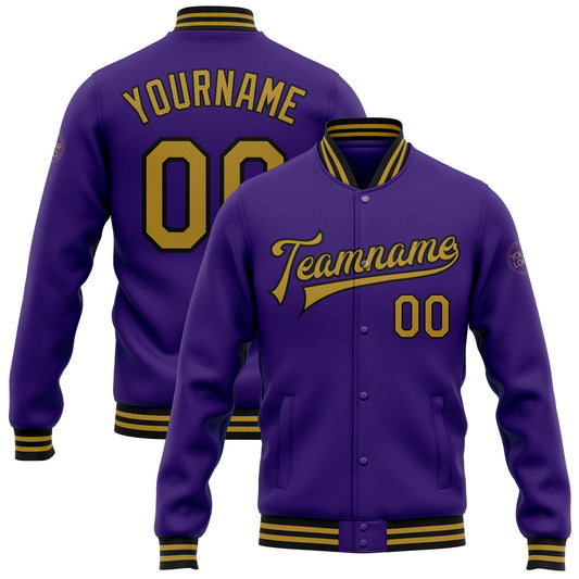 Custom Purple Old Gold-Black Bomber Full-Snap Varsity Letterman Jacket - Main View