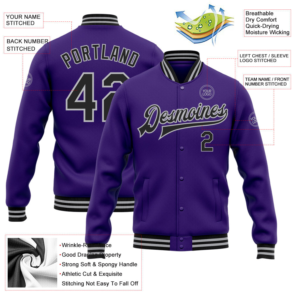 Custom Purple Black-Gray Bomber Full-Snap Varsity Letterman Jacket view 5