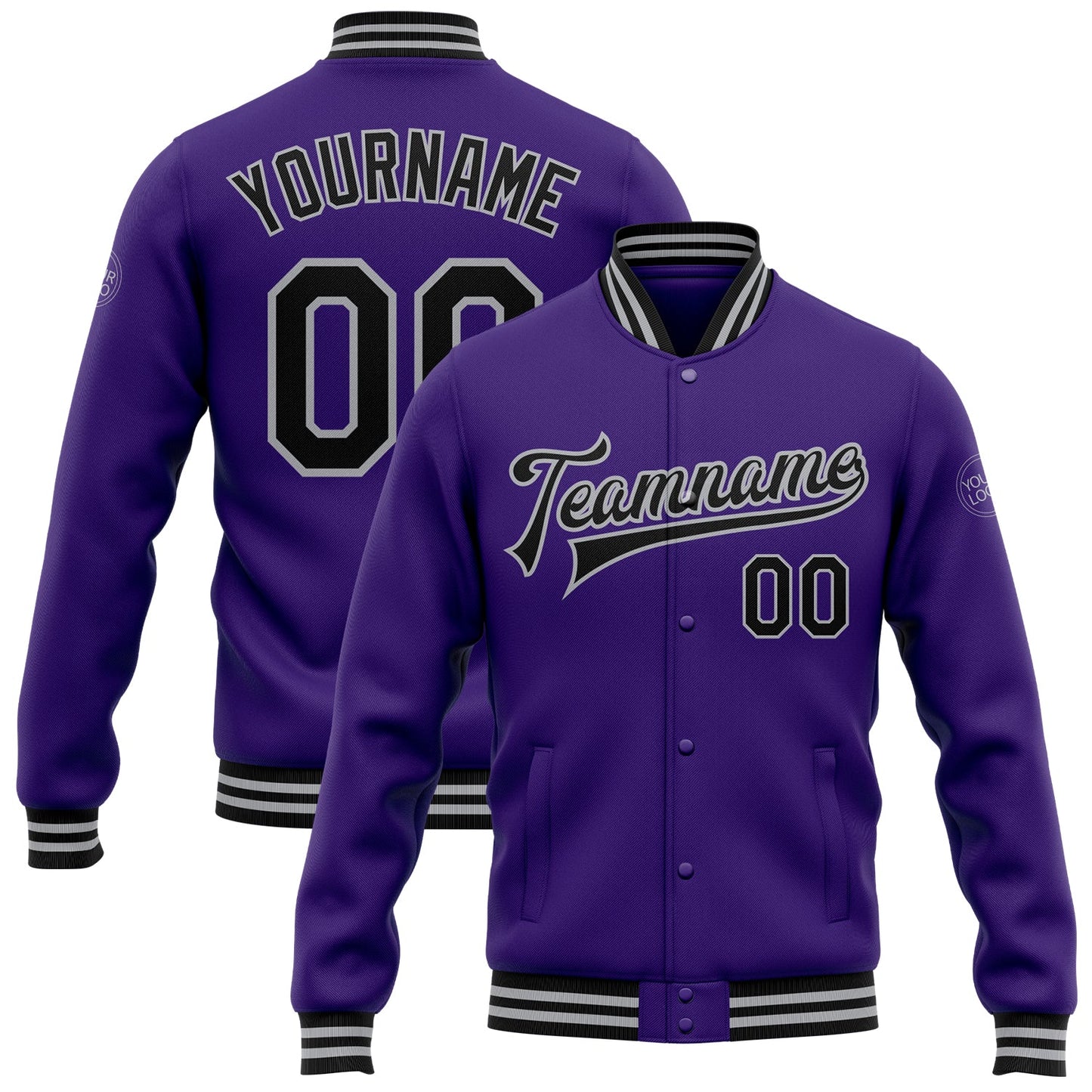 Custom Purple Black-Gray Bomber Full-Snap Varsity Letterman Jacket - Main View