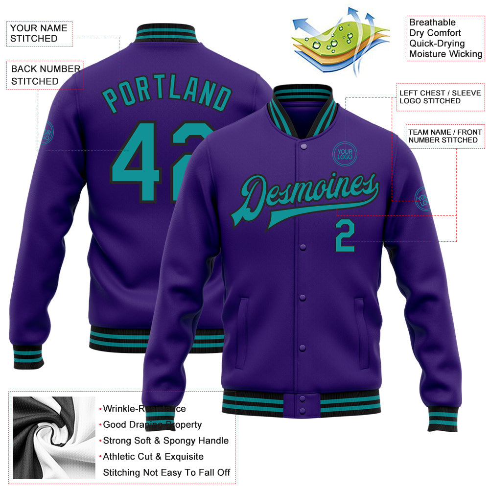 Custom Purple Teal-Black Bomber Full-Snap Varsity Letterman Jacket view 5