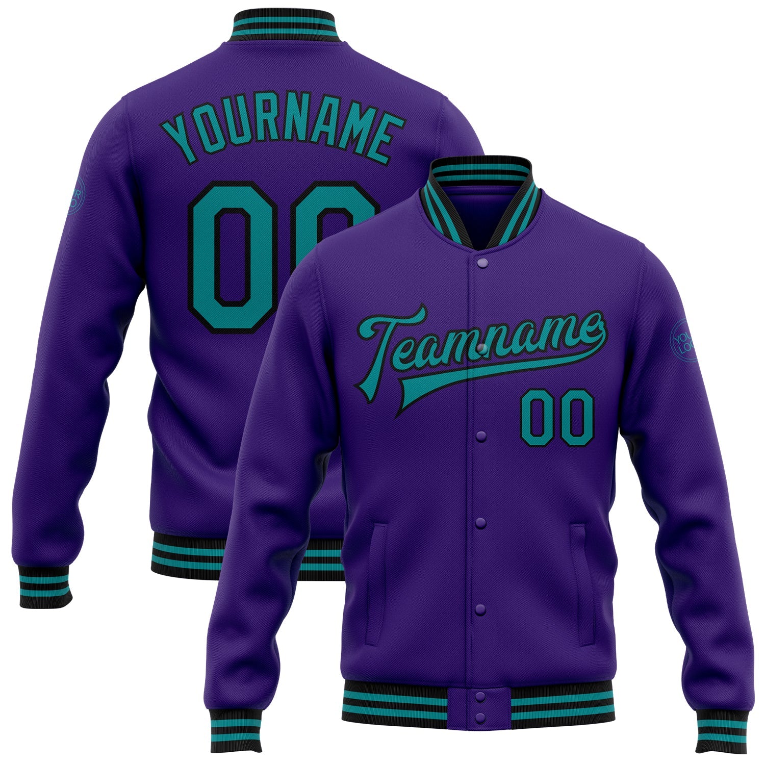 Custom Purple Teal-Black Bomber Full-Snap Varsity Letterman Jacket - Main View