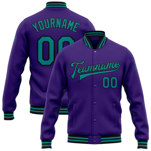 Custom Purple Teal-Black Bomber Full-Snap Varsity Letterman Jacket - Main View